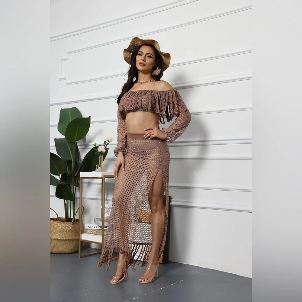 Brown Crochet 2-Piece Swimsuit Cover-Up Set – Size Large